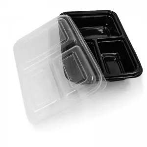 Three Compartment Rectangular Plastic Food Containers-Black Base/Clear Lid